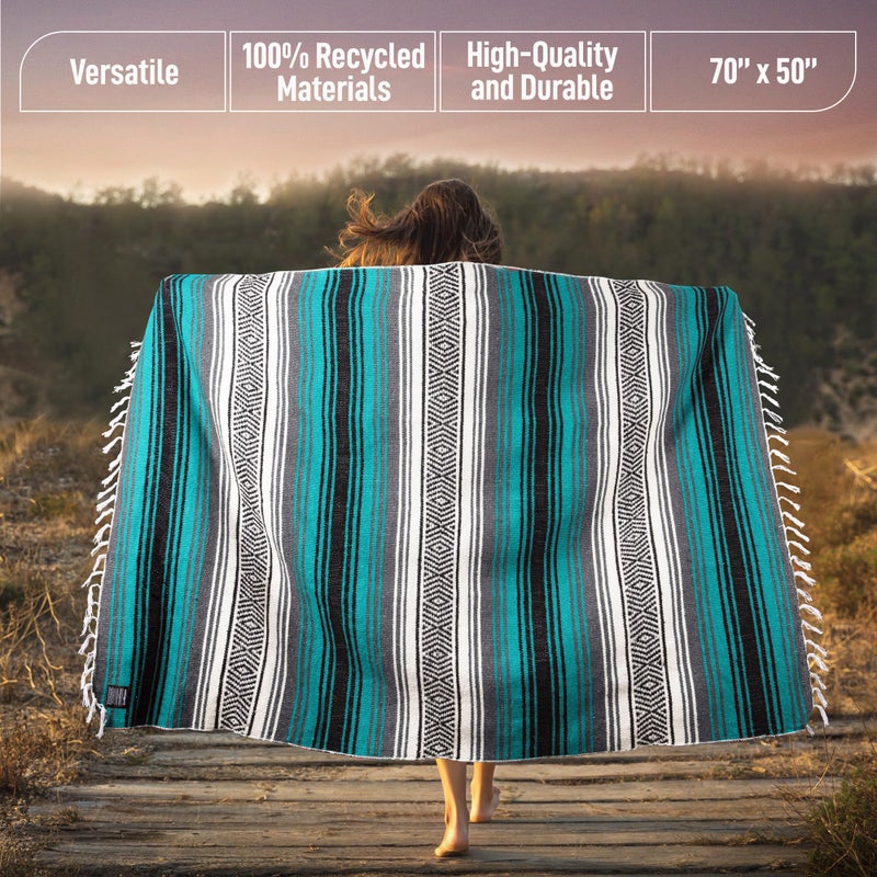 Hydration Nation Authentic Extra Large Mexican Blanket - 70"x50" Handwoven Yoga, Serape, Artisanal Falsa, Beach, Camping, Picnic, Outdoor Blanket (Emerald) - Image 3